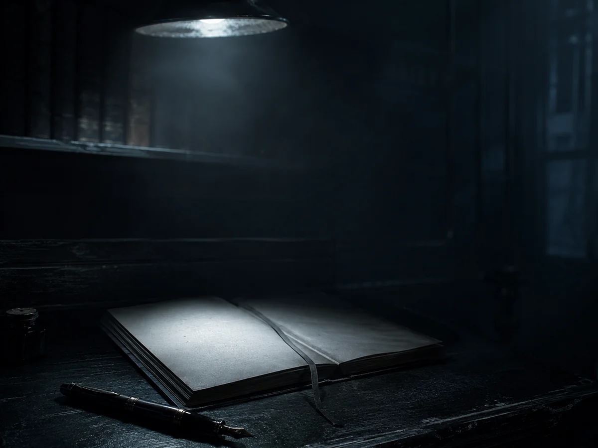 An open dark notebook beneath a single overhead light
