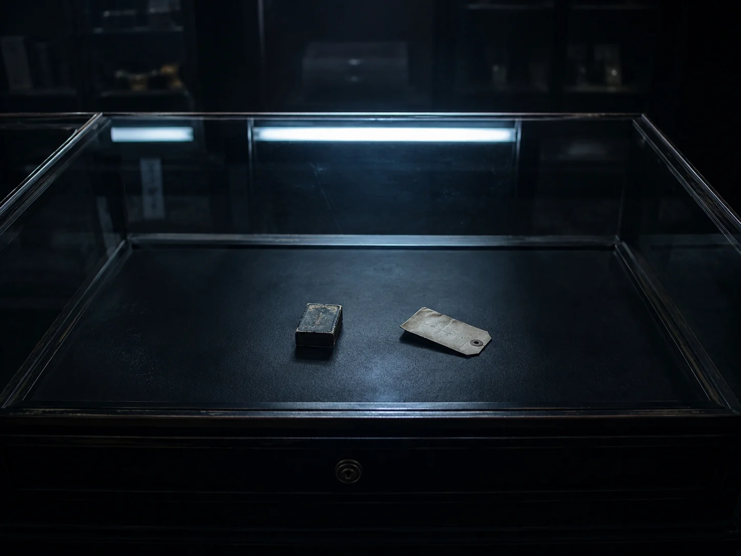 A small sealed object and evidence tag under glass