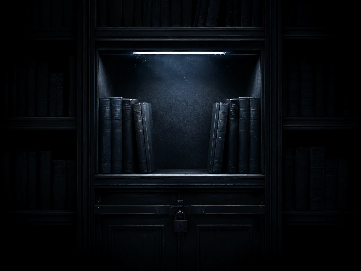A dark locked cabinet with an empty illuminated space between books