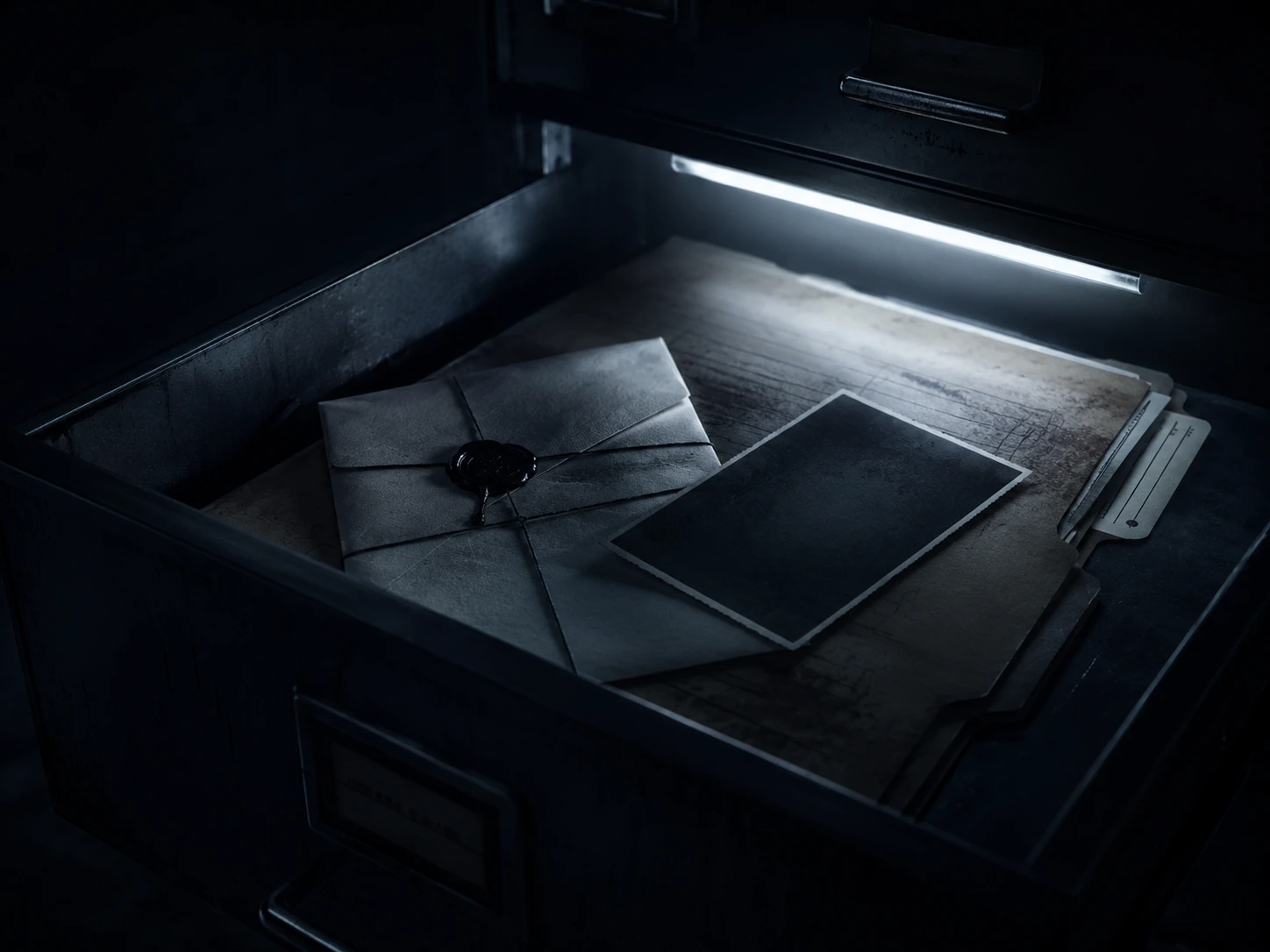A sealed envelope and dark photograph inside an illuminated archive drawer